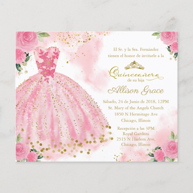 Budget Quinceanera Invitation Spanish Hot Pink (Front)