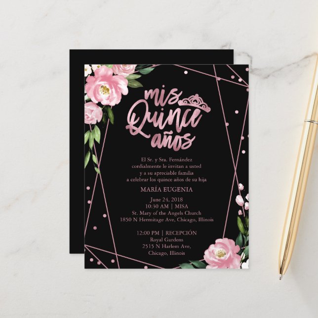Budget Quinceanera Invitation Spanish Pink Black (Front/Back In Situ)