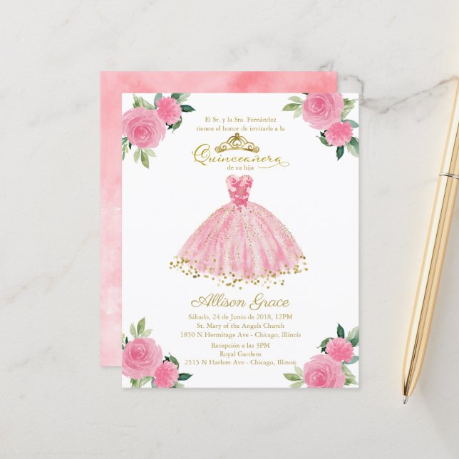 Budget Quinceanera Invitation Spanish Pink Gown (Front/Back In Situ)