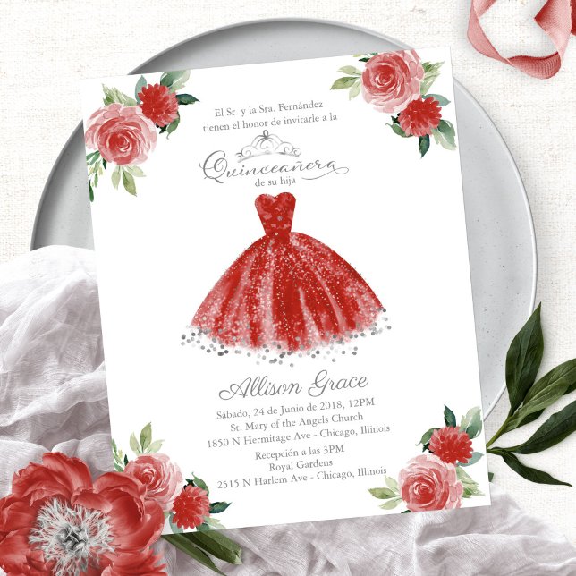 Budget Quinceanera Invitation Spanish Red Gown (Creator Uploaded)