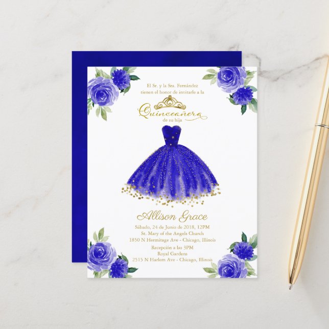 Budget Quinceanera Invitation Spanish Royal Blue (Front/Back In Situ)