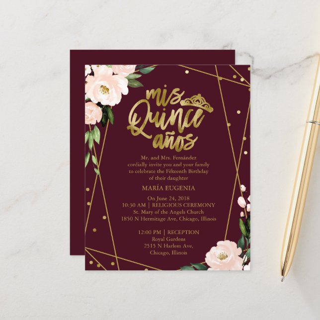 Budget Quinceanera Invitations Gold Blush Burgundy (Front/Back In Situ)