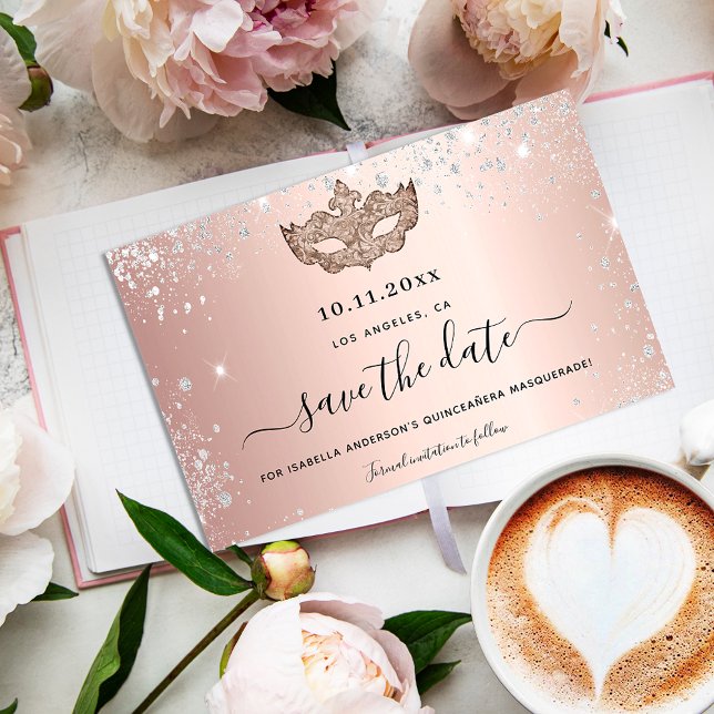Budget Quinceanera masquerade rose gold save date (Creator Uploaded)