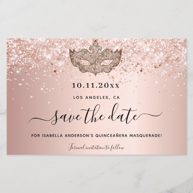 Budget Quinceanera masquerade rose gold save date (Front)