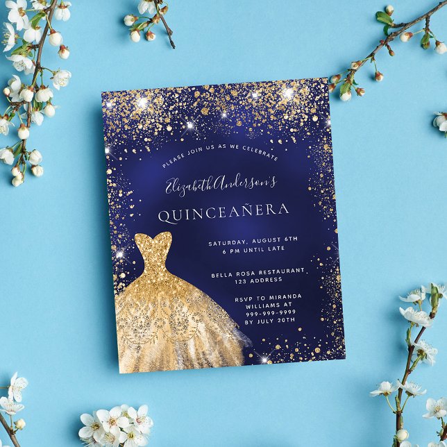 Budget Quinceanera navy blue gold dress invitation (Creator Uploaded)