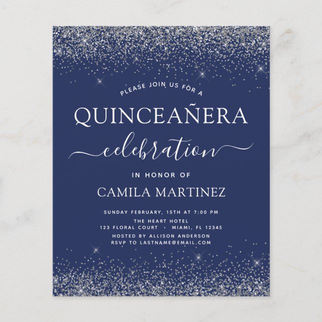 Budget Quinceanera Navy Blue Silver Glitter Flyer (Front)