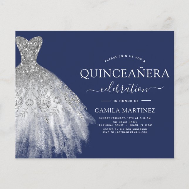 Budget Quinceanera Navy Blue Silver Glitter Flyer (Front)