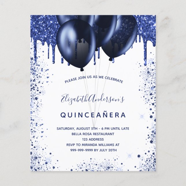 Budget Quinceanera navy blue white invitation (Front)