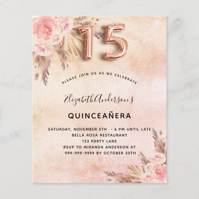 Budget Quinceanera pampas grass rose invitation (Front)