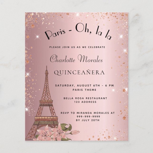 Budget Quinceanera Paris blush pink invitation (Front)