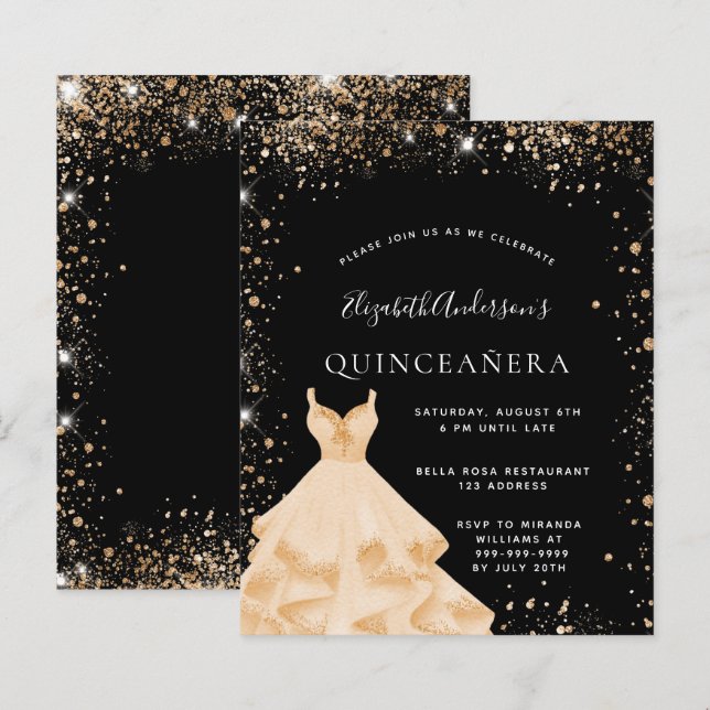 Budget Quinceanera party black gold glitter dress (Front/Back)