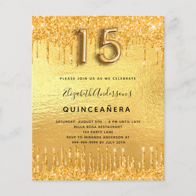 Budget Quinceanera party gold glitter invitation (Front)