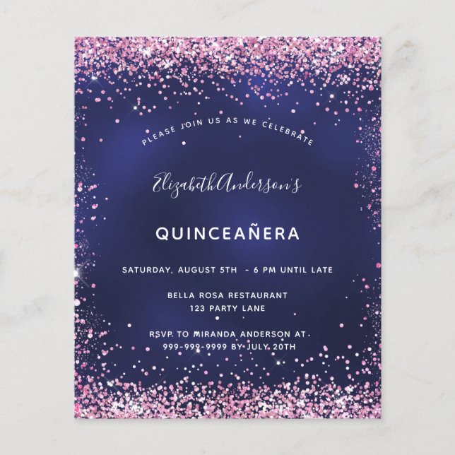 Budget Quinceanera party navy blue pink invitation (Front)