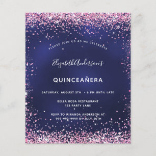 Budget Quinceanera party navy blue pink invitation