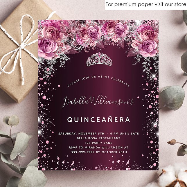 Budget Quinceanera pink burgundy floral invitation (Creator Uploaded)