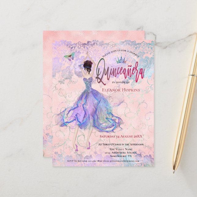 Budget Quinceanera Pink Dancing Girl Invitation (Front/Back In Situ)