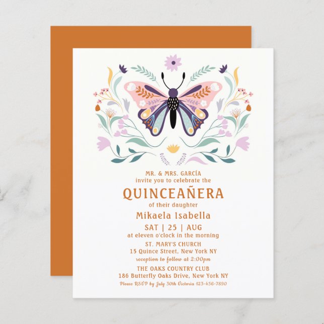 Budget Quinceañera Pink Purple Butterfly Floral (Front/Back)