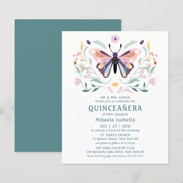 Budget Quinceañera Pink Purple Butterfly Floral (Front/Back)
