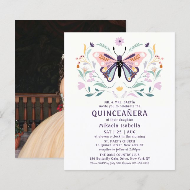 Budget Quinceañera Pink Purple Butterfly Photo (Front/Back)