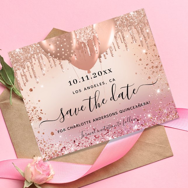 Budget Quinceanera pink rose gold save the date (Creator Uploaded)