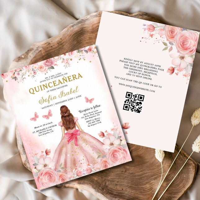 Budget Quinceañera QR Code Blush Pink Floral Flyer (Creator Uploaded)