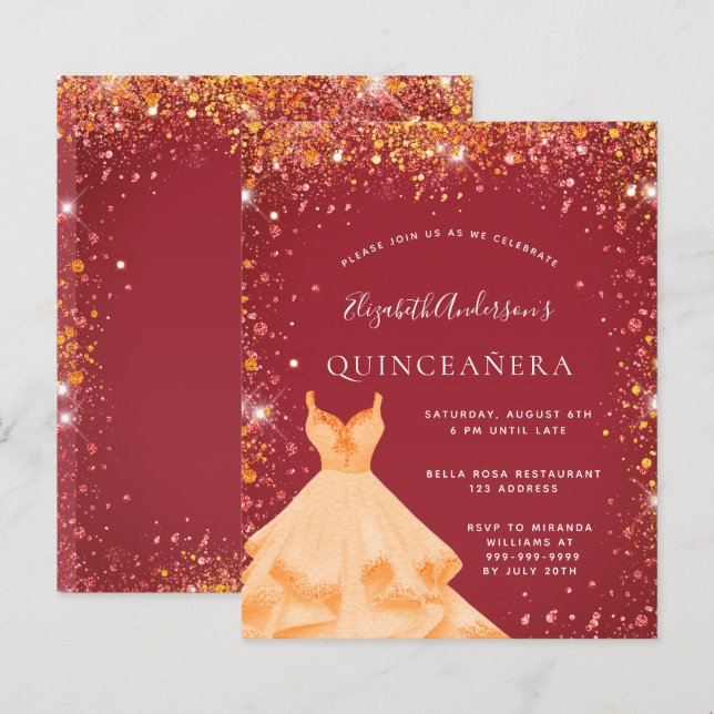 Budget Quinceanera red gold dress glitter dust (Front/Back)