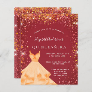Budget Quinceanera red gold dress glitter dust
