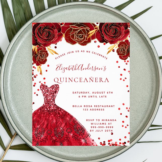 Budget Quinceanera red white dress invitation (Creator Uploaded)