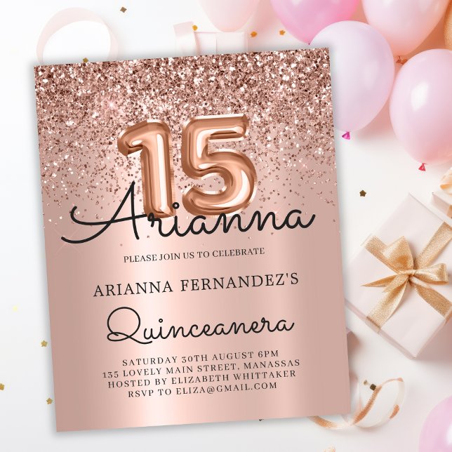 Budget Quinceañera Rose Gold 15th Birthday Invite (Creator Uploaded)