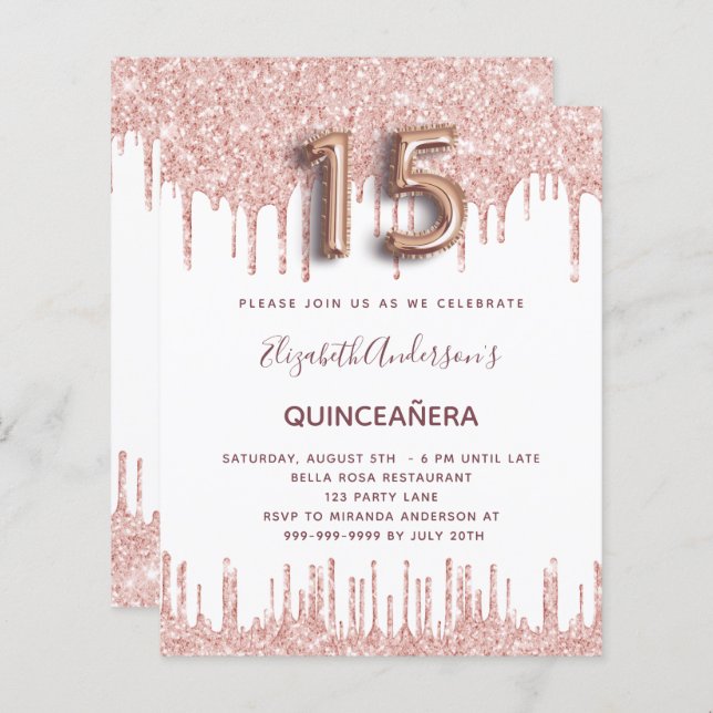 Budget Quinceanera rose gold glitter drips pink (Front/Back)