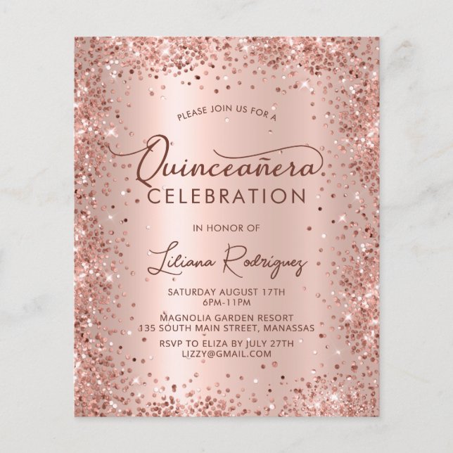 Budget Quinceanera Rose Gold Glitter Invitation (Front)