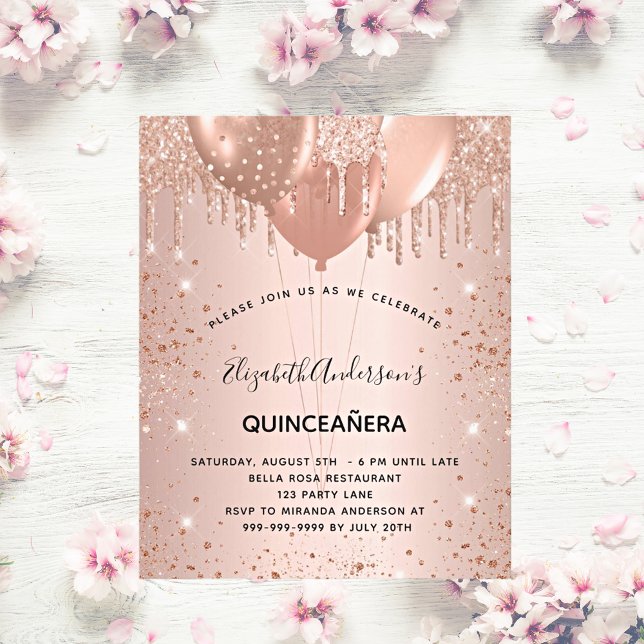Budget Quinceanera rose gold glitter invitation (Creator Uploaded)