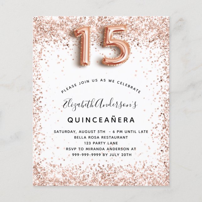 Budget Quinceanera rose gold white invitation (Front)