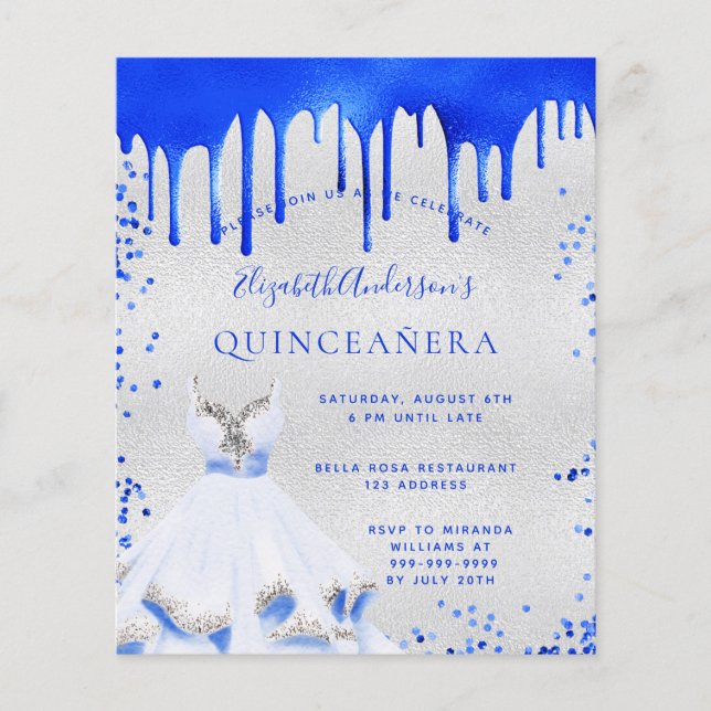 Budget Quinceanera royal blue silver invitation (Front)