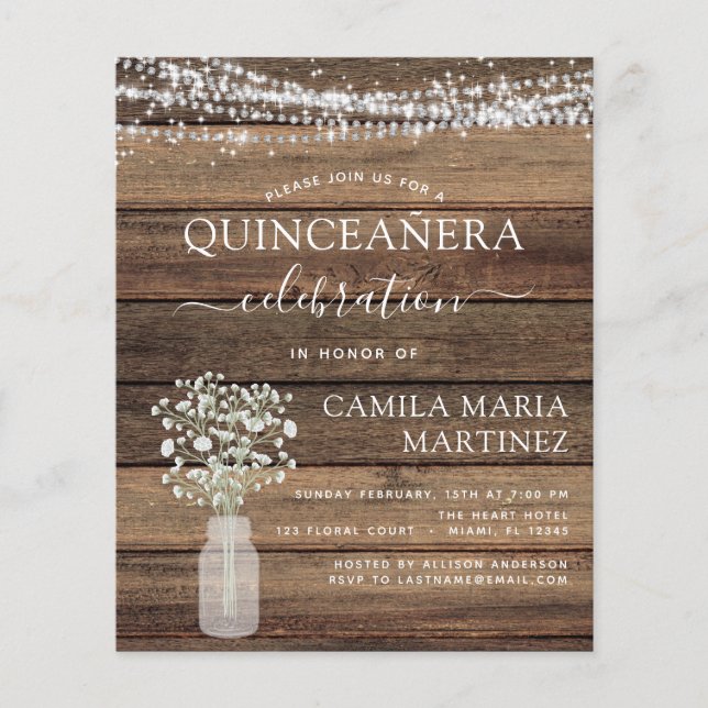 Budget Quinceanera Rustic Baby's Breath Invitation Flyer (Front)
