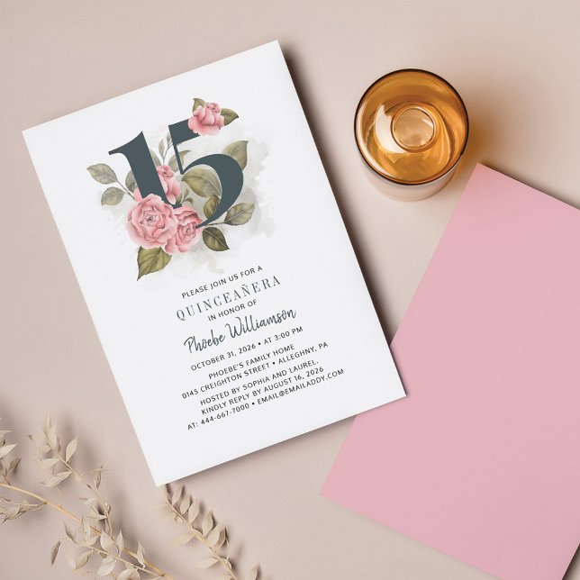 Budget Quinceanera Rustic Floral 15th Birthday (Pink Floral Quinceanera Invitation)