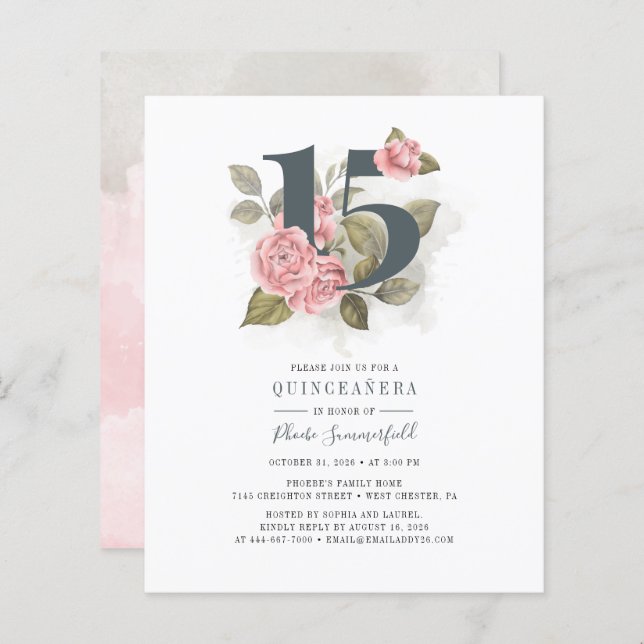 Budget Quinceanera Rustic Sage Green Pink Floral (Front/Back)