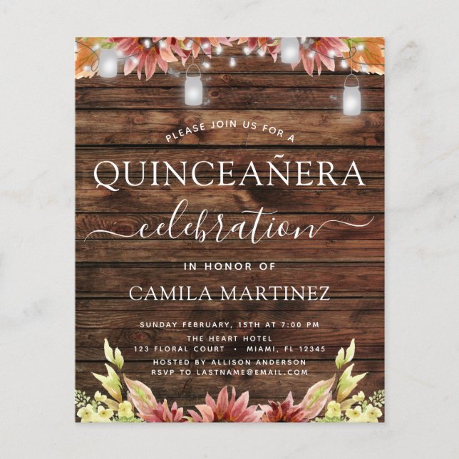 Budget Quinceanera Rustic Wood Autumn Sunflowers Flyer (Front)