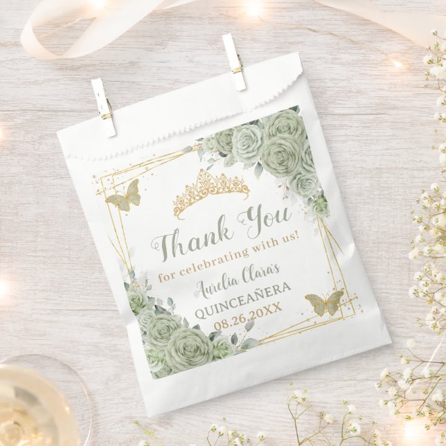 Budget Quinceañera Sage Green Floral Butterflies Favour Bags (Clipped)