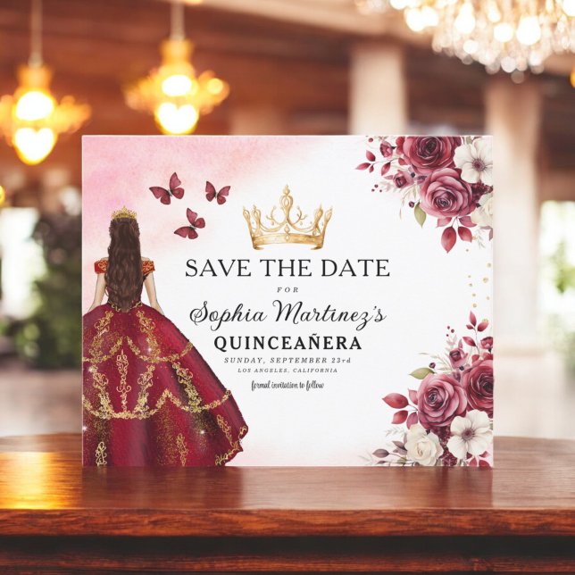 Budget Quinceanera Save the Date Floral Burgundy  Flyer (Creator Uploaded)