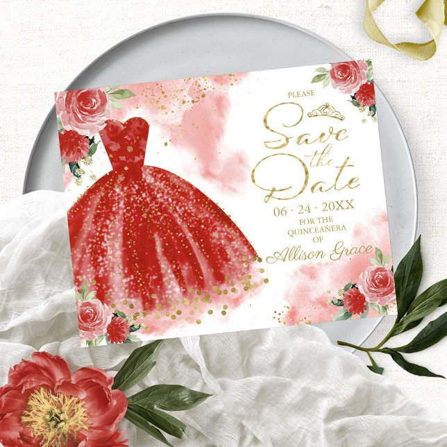 Budget Quinceanera Save The Date Red Gown (Creator Uploaded)