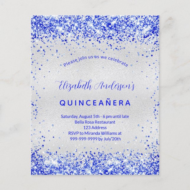Budget Quinceanera silver royal blue invitation (Front)