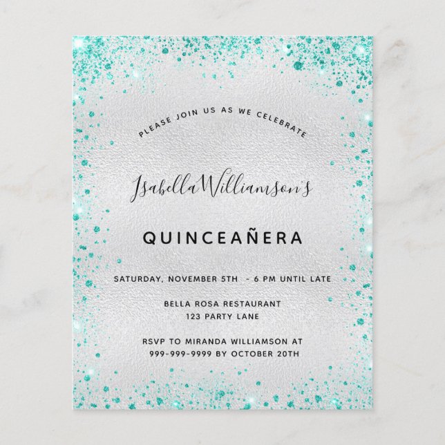 Budget Quinceanera silver teal glitter invitation (Front)