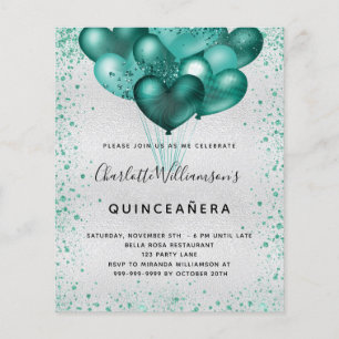 Budget Quinceanera silver teal glitter invitation