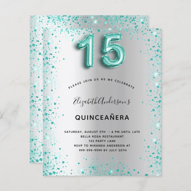 Budget Quinceanera silver teal glitter invitation (Front/Back)