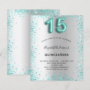Budget Quinceanera silver teal glitter invitation