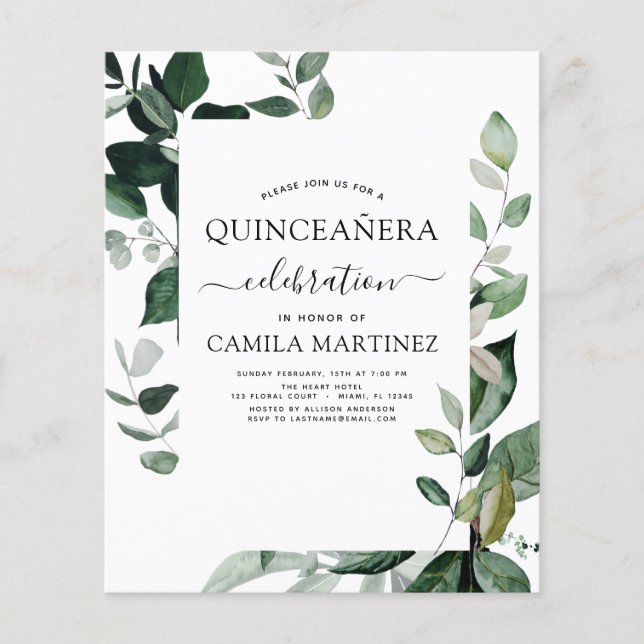 Budget Quinceanera Spring Botanical Greenery Flyer (Front)
