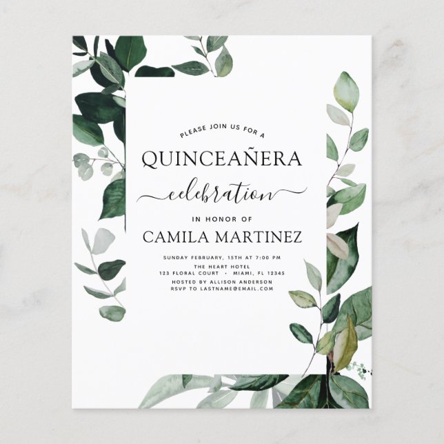 Budget Quinceanera Spring Botanical Greenery Flyer (Front)