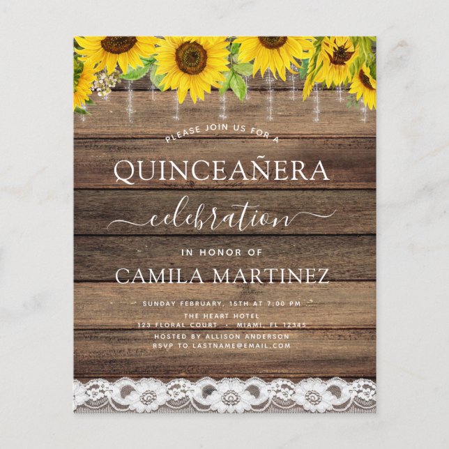 Budget Quinceanera Sunflower Rustic Invitation Flyer (Front)