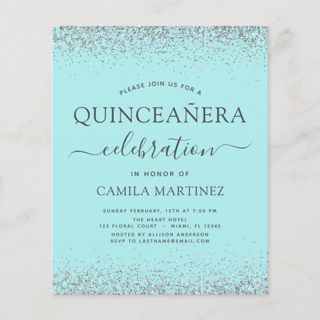 Budget Quinceanera Teal Blue Silver Glitter Flyer (Front)